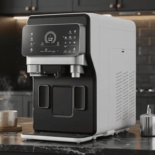 Schwarze und silberne Kaffeemaschine mit Digitaldisplay, Wassertank und schlankem Design.