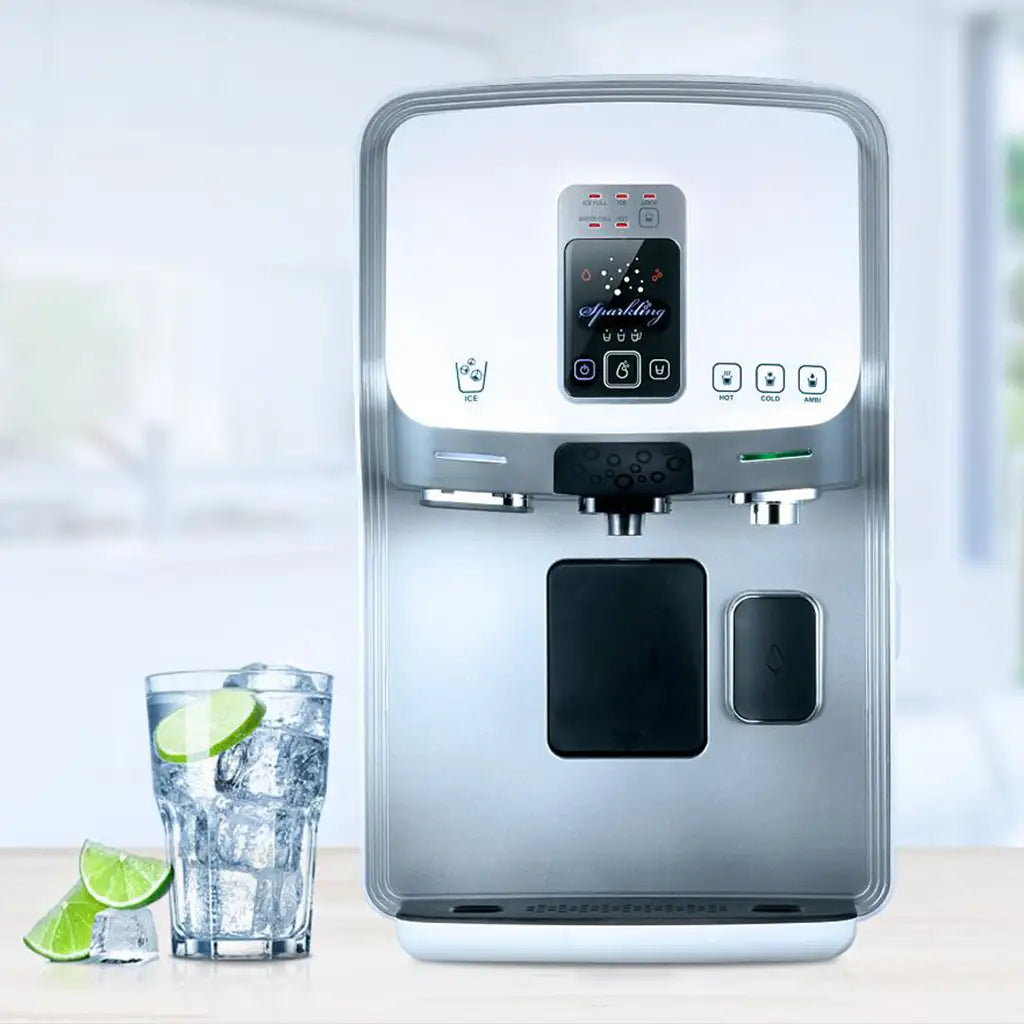 Silberner und schwarzer Wasserspender mit Digitaldisplay, schlankes Design.