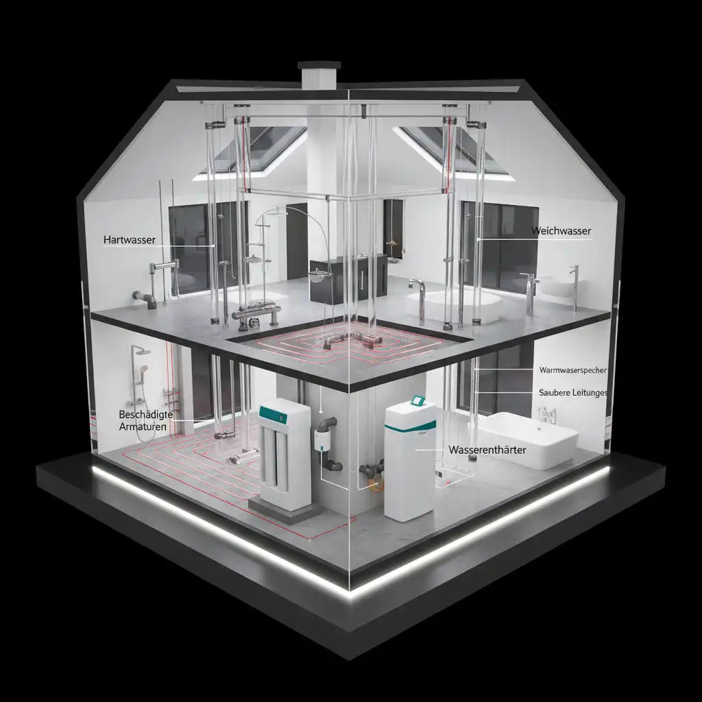 Wasserenthärtungssystem mit weißem Behälter und Bedienfeld, klare Glasgehäuse, das die internen Komponenten zeigt.